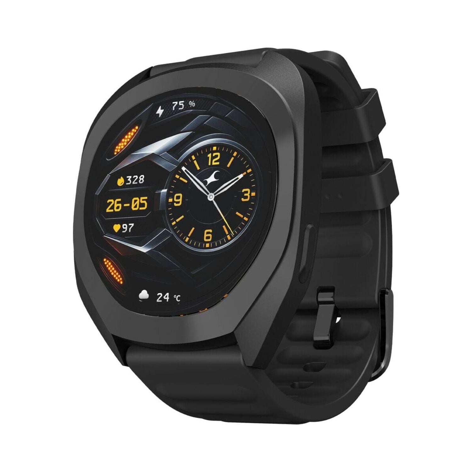 Black smartwatch with 1.32" AMOLED display and silicone strap